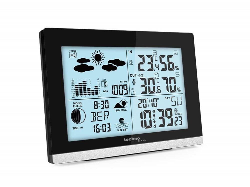 techno line WS 6762 Funk-Wetterstation mit Außensensor – DCF Funkuhr | Innen- & Außentemperatur | Luftfeuchtigkeit | Wettertrend | Mondphase | großes LCD Display | Wecker mit Datum & Uhrzeit