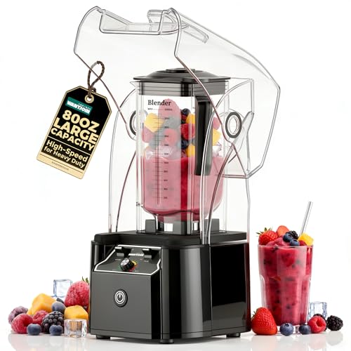 WantJoin Professional Commercial Blender With Shield Quiet Sound Enclosure 2200W Industries Strong and Quiet Professional-Grade Power, Self-Cleaning, Black