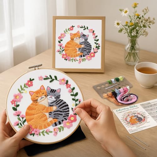 Image of Nuberlic Cat Embroidery Kit for Beginners, DIY Cross Stitch Starter Kit Including Cloth with Pattern, Embroidery Hoop, Needles Instructions and Threads for Adults