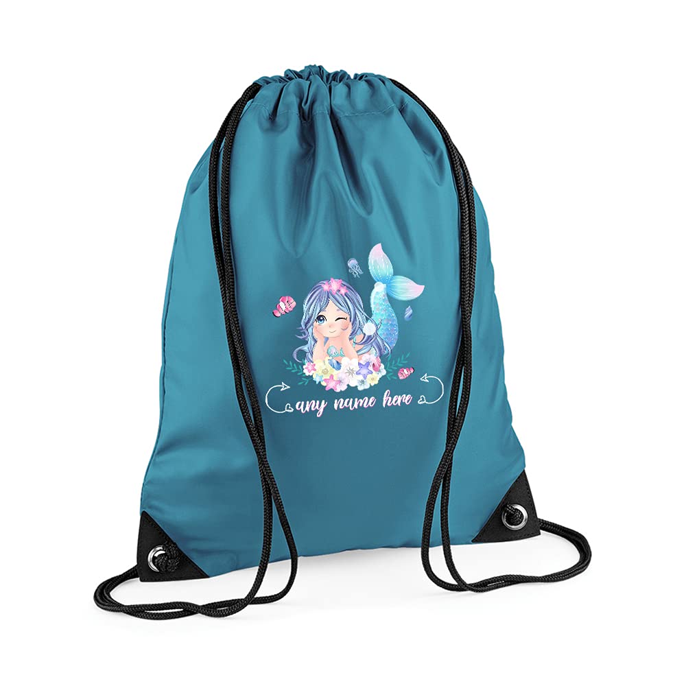 Personalised Cute Beach Mermaid Birthday Party Gift for her, Girl, Daughter, Sister, Niece, Best Friend, Drawstring Bag, PE Gym Kit, Swimming Rucksack. (Ocean Blue)