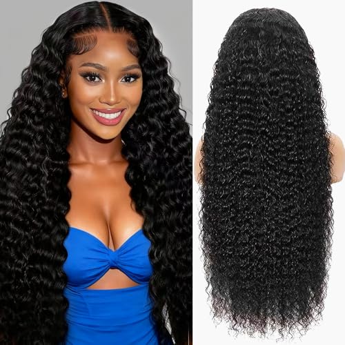 ZHUOBEI 30 Inch Deep Wave Lace Front Wigs Human Hair 13x6 HD Lace Frontal Wigs Pre Plucked with Natural Hairline 200 Density Curly Human Hair Wig 13x6 Wet and Wavy GLueless Wig for Women