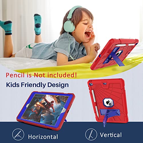Sibeitu iPad 9th Generation Case with Stand & Pencil Holder, Kids Protective iPad 10.2 Inch Cover 7th 8th 9th Gen 2019 2020 2021, Blue & Red Spider Web Cool Design for Boys Girls Anime Lovers.