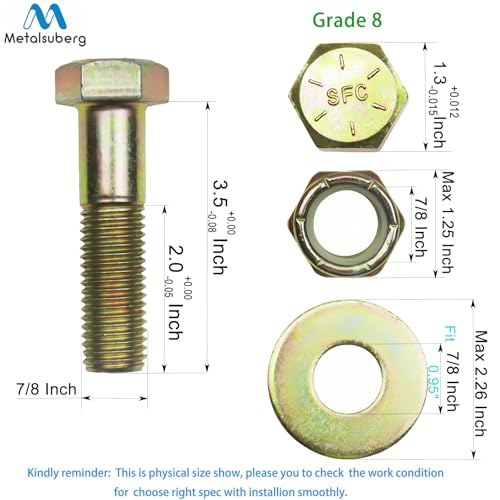 Image of 7 /8 inch x 3-1 /2 inch Hex Head Bolt by Color Galvanization with Nylon Lock nut and Large Size Washer Assortment Kit,Alloy Steel,Grade 8.(4pcs Pack),by Metalsuberg