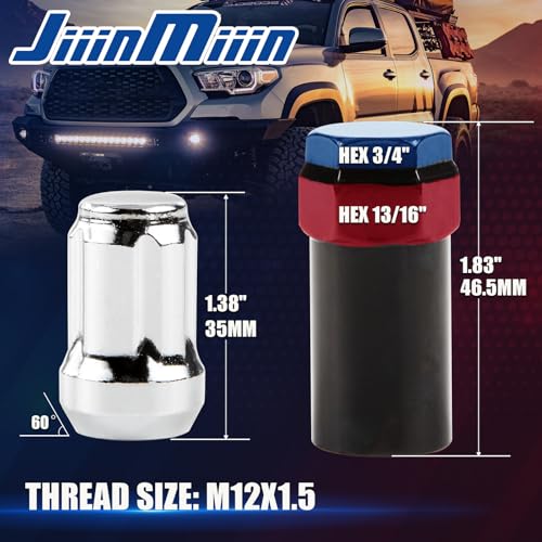 Image of JiiinMiiin M12x1.5 Wheel Locks Chrome with Key, 12x1.5 Wheel Locks 1.37 inch Length with 1 Key 60 Degree Conical /Cone Bulge Seat Closed End 4PCS