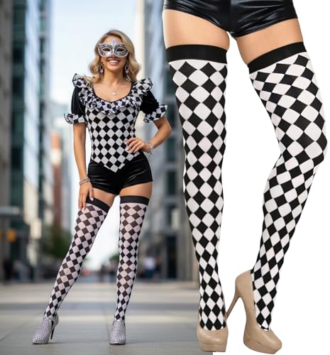 Image of ToBeInStyle Women's Harlequin Jester Thigh High Stockings Playing Card Checkered Opaque Halloween Costume Hosiery