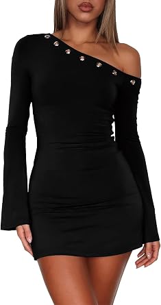 Womens Off The Shoulder Mini Dress Flared Long Sleeve Bodycon Party Club Dress with Metal Eyelet Decor