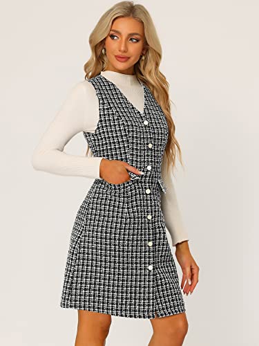 Allegra K Women's Pinafore Dress V Neck Button Down Pockets Vintage Sleeveless Plaid Tweed Dress3