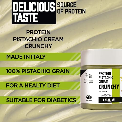 Image of EATALIAN by AMZ BETTER Spreadable Crunchy Pistachio Protein Cream 7 oz /200 gr, Pistachio Cream with Grains, Protein Paste, Sweet Taste, Ideal on Bread and Excellent for Dubai Chocolate, Made in Italy