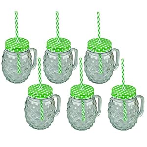 HRB Set van 6 drinkglazen met rietje en deksel, drinkglazen in ananas-design, elk glas heeft een volume van 400 ml, glazenset voor cocktail, limonade (ananas)