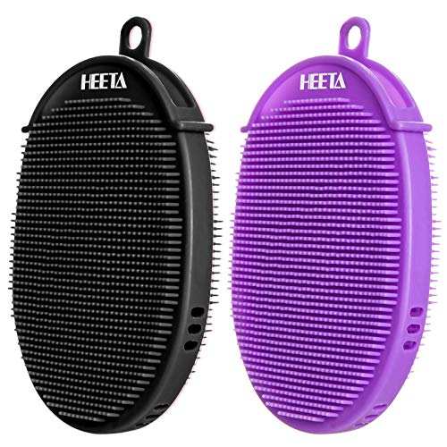 HEETA 2-Pack Glove-Shaped Body Brush for Wet and Dry Brushing, Silicone Bath Brush for Gentle Exfoliating on Softer, Glowing Skin, Gentle Massage to Improve Your Blood Circulation (Black & Purple)