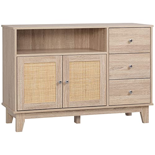 HOMCOM Küchenschrank Rattandesign Sideboard mit 1 Schrank und 3 Schubladen...