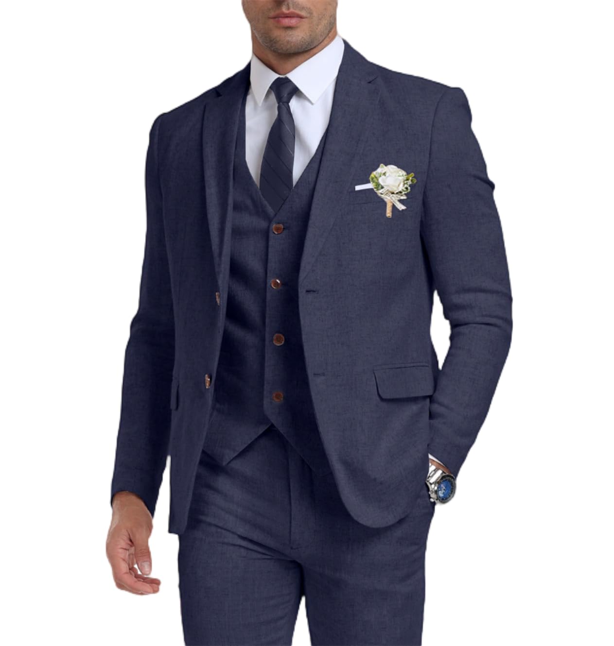 Retro Linen Men's Suit 3 Pieces Slim Fit Linen Prom Wedding Suits Casual Tuxedo Set Groom Jacket Blazer Vest Pants for Men