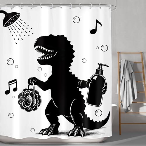 Image of Kids Funny Dinosaur Shower Curtain Bathroom Set 60Wx71H Inches Singing Dino Animal Taking Shower Cartoon Black and White Bubbles Bath Accessories Children Art Home Decor Fabric 12 Pack Hooks
