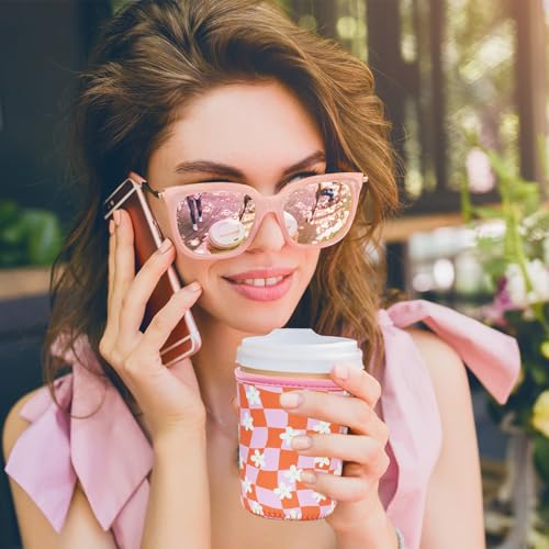 Image of Reusable Insulated Sleeve for Iced Coffee Cup, Coffee Neoprene Sleeve for Cold & Hot Drinks, Beverage Holder for Iced Coffee (Daisy Grid, Small: 16-18oz)