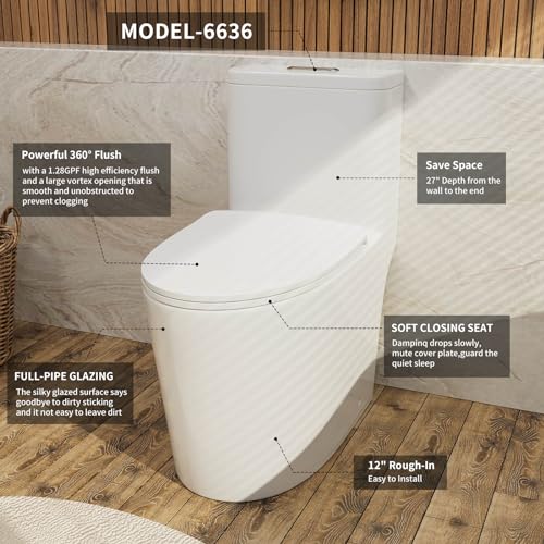 Image of Dual Flush Elongated Standard One Piece Toilet with Comfortable Seat Height, Powerful & Quiet Dual Flush Modern Toilet, 12'' Rough-In, Glossy White,6636