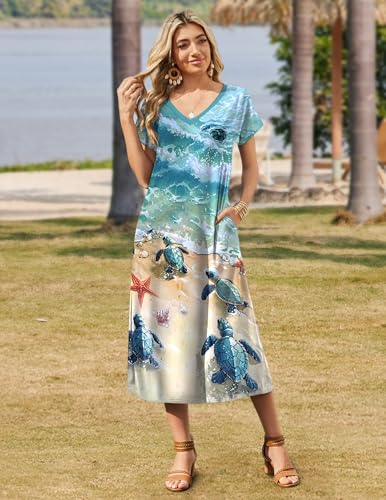 Image of Zeagoo Women Summer Floral Dress Short Sleeve Beach Dress with Pockets Casual V-Neck Split Long T-Shirt Dress Travel Vacation