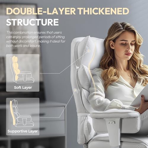Image of Dowinx Big and Tall Office Chair with Pocket Spring Cushion,High Back Computer Gaming Chairs with Adjustable Armrests,Executive Desk Chairs with Lumbar Support and Footrest,Cloth-White
