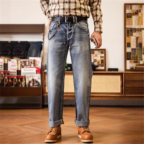 Men’S Vintage Loose Fit Straight Selvedge Cotton Full Length Jeans Zipper Fly Midweight Wash Casual Wear Pants3