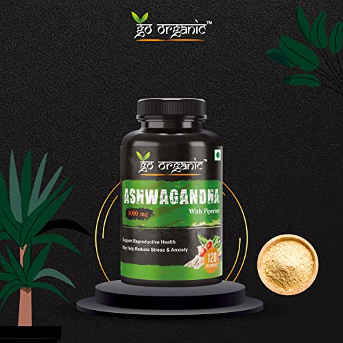 Image of Go Organics Ashwagandha 1000Mg | Boost Energy, Strength, Stamina | Helps Anxiety & Stress Relief For Men & Women-120 Veg Capsules