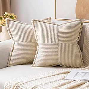 MIULEE Corduroy Pillow Covers with Splicing Set of 2 Super Soft Boho Striped Pillow Covers Broadside Decorative Textured Throw Pillows for Spring Couch Cushion Livingroom 18×18 inch, Beige