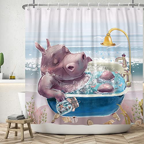 SDOTPMT 180x180cm Rideau de Douche Hippopotame Mignon drôle de Dessin animé Animaux Bord de mer Paysage Rideau de Douche Rideaux de Salle de Bain Modernes et...