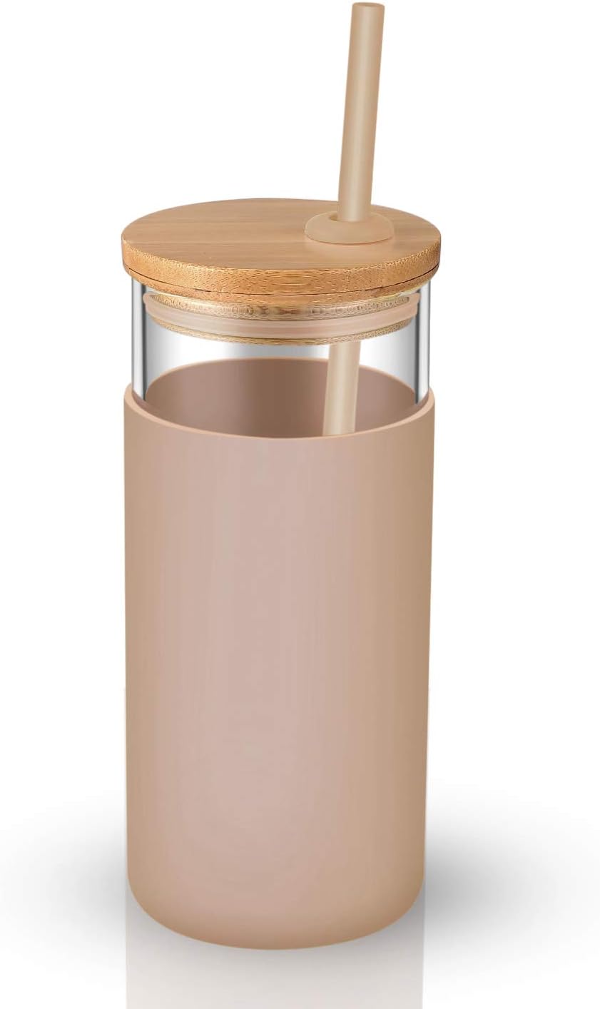 Exclusive tronco 20oz Glass Tumbler Glass Water Bottle Straw Silicone Protective Sleeve Bamboo Lid - BPA Free (Multi-colored/8-Pack)