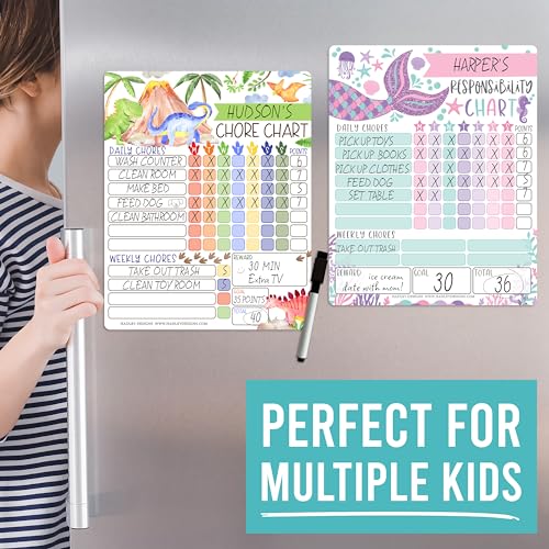 Image of Hadley Designs Magnetic Chore Chart for Kids - Reward Chart for Kids, Dry Erase Responsibility Board for Children at Home, Fridge Behavior Tracker for Daily Weekly Tasks, Dinosaur Toddler Chore Board
