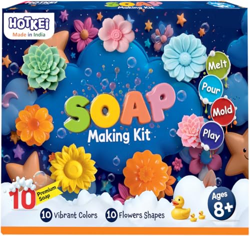 Image of HOTKEI Soap Making Kit for Kids 8+ Years | 10 Premium Soap Bases with Fun Mould, Colors, Fragrances & Accessories | DIY Creative Gift Kit for Girls and Boys