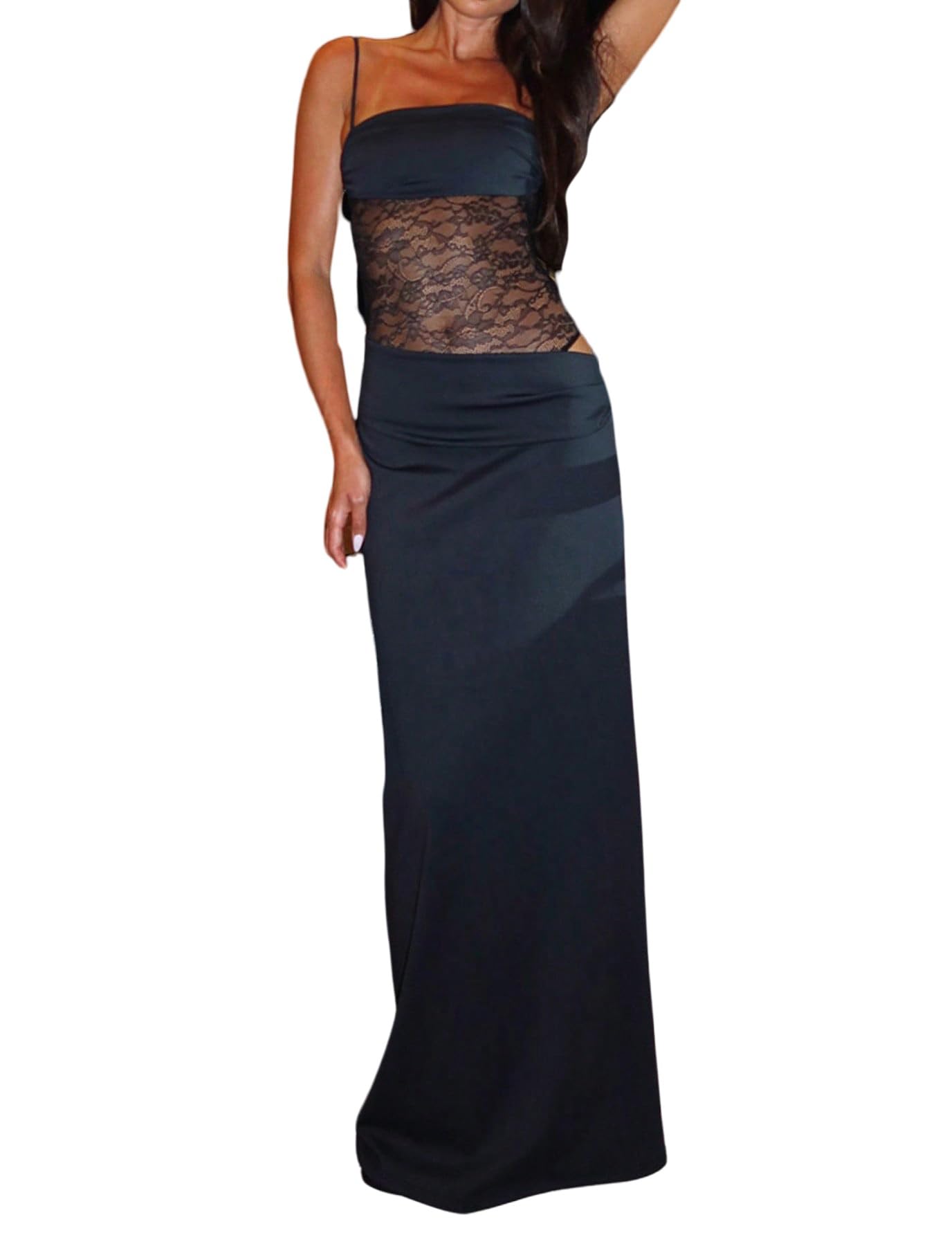 SweatyRocks Sukienka maxi, elegancka, koronkowa, bodycon, sukienka z koronką, sukienka koktajlowa, długa sukienka na ramiączkach, podkreślająca figurę, sukienka imprezowa