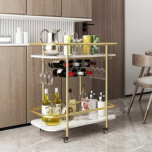MORITIA-Gold-Bar-Cart-with-4-Wheels-2-Tier-Rolling-Drink-Trolley-Beverage-Serving-Cart-for-Entertaining-Mobile-Wine-Cart-with-Handles-Drink-Cart-for-Kitchen-Dining-Room-Living-Room-Party MORITIA Gold Bar Cart with 4 Wheels 2 Tier Rolling Drink Trolley Beverage Serving Cart for Entertaining Mobile Wine Cart with Handles Drink Cart for Kitchen Dining Room Living Room Party