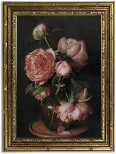Gold Framed Vintage Dark Floral Canvas Wall Art, Retro Pink Peony...