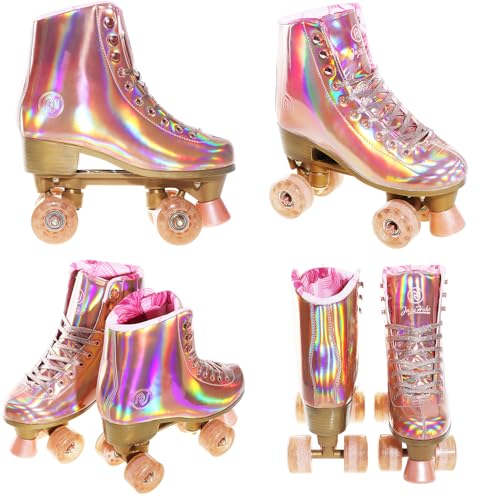Image of JajaHoho Roller Skates for Women, Holographic High Top PU Leather Rollerskates, Shiny Double-Row Four Wheels Quad Skates for Girls and Age 8-50 Indoor (Pink Rose Gold)