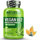 NATURELO Vegan B12 with Organic Spirulina - Vegan Supplement for Energy, Metabolism and Stress - High Potency 1000 mcg B12 (Methylcobalamin) - Non GMO, Gluten Free - 90 Mini Capsules
