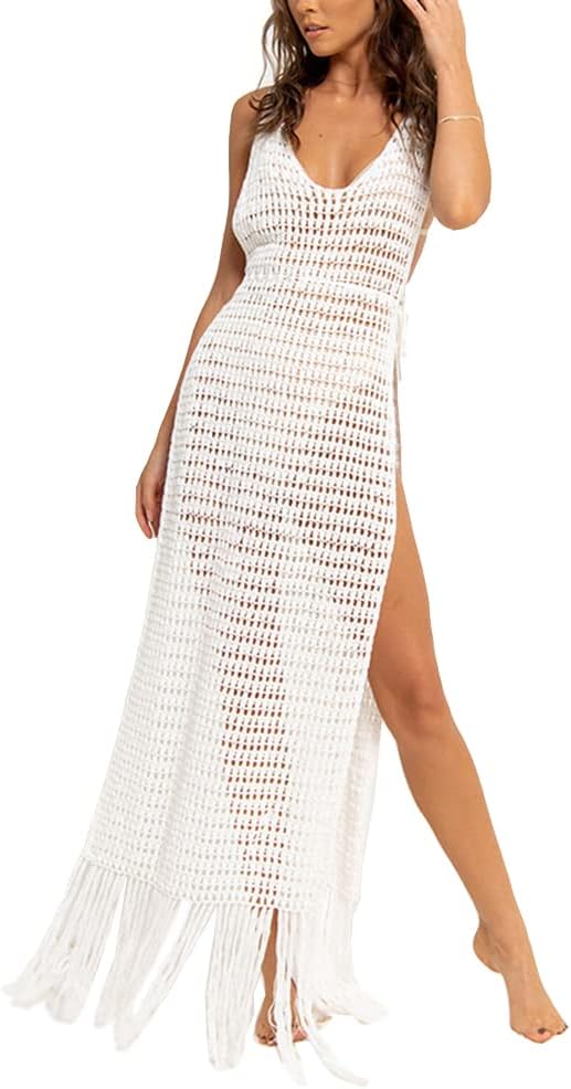 Women Sexy Hollow Out Mesh Tassle Skirts Beach Cover Up Crochet Summer Swimsuit Split Sheer Maxi Swimwear