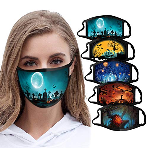 【SHIPPID FROM USA】5PCS Adults Halloween Print Face Bandana_Covering_MASK Cotton Face Protection for Women and Men, Fashion Neutral Turban Washable Reusable Anti-Haze Face Fabric For Cycling Camp