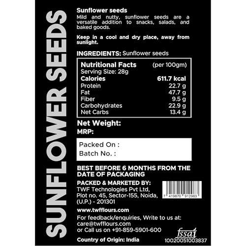 Image of TWF Virgin Sunflower Seeds | 500g | AAA Grade Seeds for Eating | Rich in Dietary Fibre & Protein | Snack for Weight Management & Immunity | Diet Food | Non GMO | Resealable Pack | Unroasted | Unsalted | Highest Natural Potency