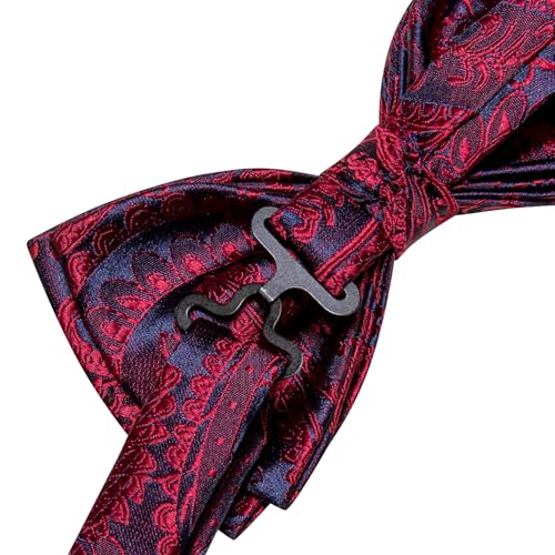 Image of Hi-Tie Bow Tie Men Pre Tied Bowtie Pocket Square Cufflinks Lapel Pin Formal Wedding Bow Ties for Men Party Tuxedo Bowtie Set,Navy Blue Red Paisley Floral