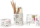 Blu Monaco White Desk Organizer for Women - 3 Piece Desk Accessories Set - Paper Clip-Accessory Tray, Sticky Note Holder, Pen Cup - White Floral Sunflower Pattern