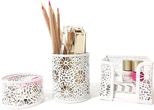 Blu Monaco White Desk Organizer for Women - 3 Piece Desk Accessories Set - Paper Clip-Accessory Tray, Sticky Note Holder, Pen Cup - White Floral Sunflower Pattern