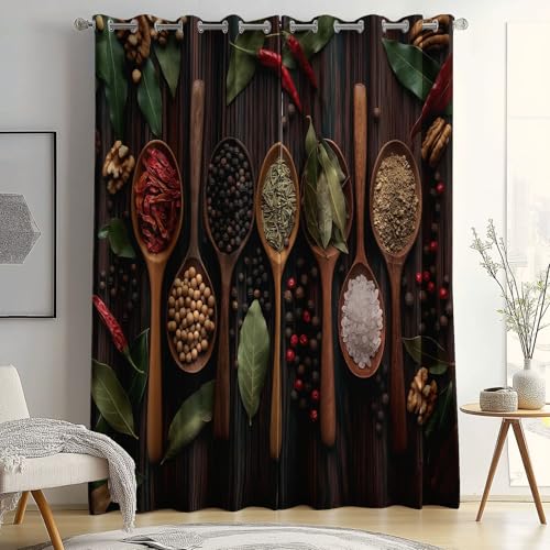 Cortinas Opacas con Aislamiento térmico, Moderno Cortinas con Especias Hierbas Estampadas, 70 x 160 cm (2 Paneles) para Dormitorio Salon Habitacion Cortinas de Casa con Ojales