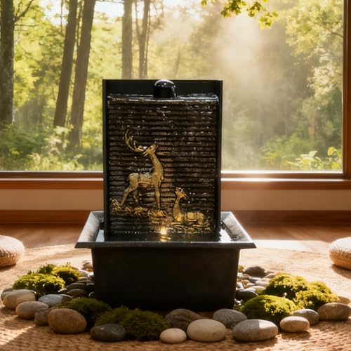 BIASUNS Water Wall Waterfall Fountain, Gold Deer Relief Wall Fountain for Home Office, Indoor Zen Vertical Waterfall with Warm Light for Zen Relaxation & Decor