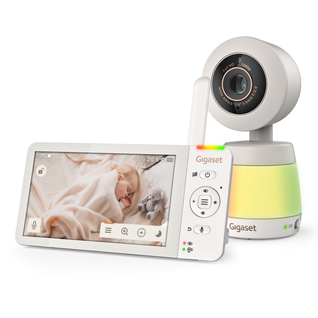 Gigaset BABY 700 Connected – Videocamera per bambini con touchscreen Full HD da 5,5" – Trasmissione sicura FHSS e WLAN–lunga durata della batteria-con app, Cream White/Warm [Versione Italiana]