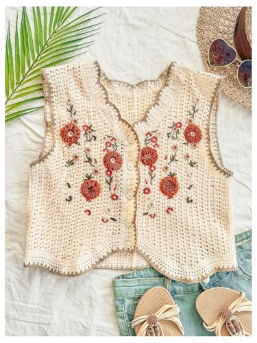 Women's Floral Embroidered Sweater Vests Button Down Crochet Sleeveless Knit Lightweight Cardigans4
