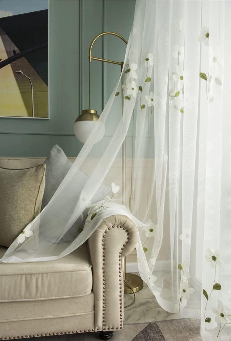 Linen Sheer Curtains Window Treatments Rod Pocket for Living Room Bedroom Modern Small Fresh Magnolia Embroidery (2 Panels, W 100 x L 95 inch, White)