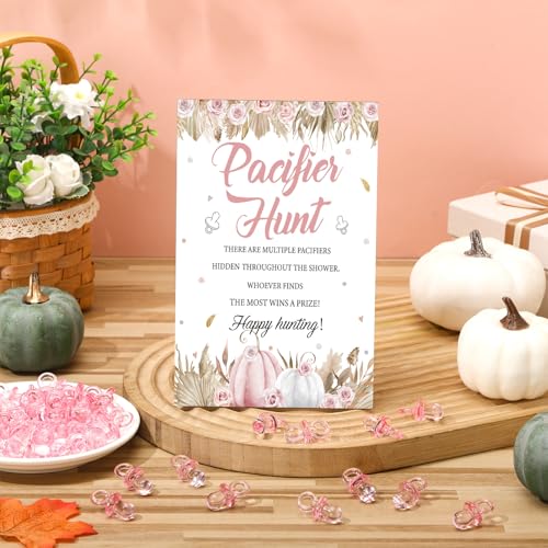 Image of Thyle 51 Pcs Boho Pink Pumpkin Pacifier Hunt Fall Little Pumpkin Baby Shower Games Include Hunt Sign and 50 Acrylic Pacifiers for Baby Shower Decoration Gift Sets Gender Reveal Autumn Party Decor