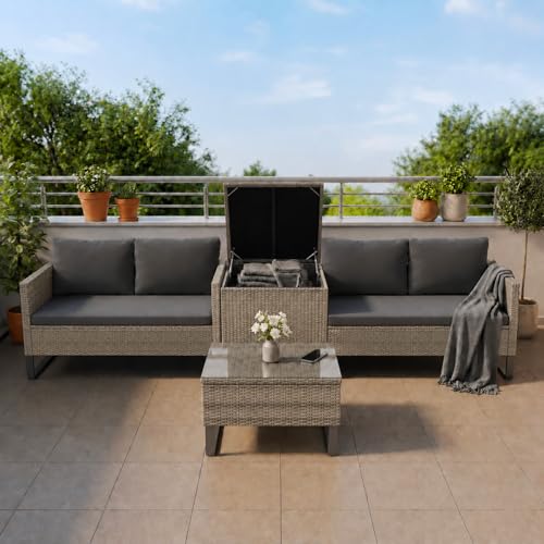 Juskys Coin Lounge extérieur Santorini en polyrotin - Salon de Jardin avec Table Basse et Coffre à Coussins - Meubles de Jardin en Imitation rotin résistant...