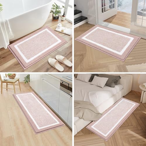 Pauwer 3 Piece Bath Mat Set, Non Slip Plush Rugs, Absorbent Shaggy Set With U-Shaped Contour Toilet Mat for Bathroom, Bedroom, Living Room - Dusty Pink