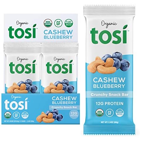 Tosi Cashew Blueberry Protein Bars, Plant Based with Nuts, Gluten-Free Crunchy Snacks, Vegan, Organic, Flax & Chia Seeds, Soy-Free, Omega 3s, 12G Protein, 2.4 oz, 12-Pack Cover