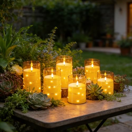 Image of kakoya Flameless LED Candles with Timer 12 Pc Flickering Flameless Candles for Romantic Ambiance and Home Decoration Stable Acrylic Shell,with Embedded Star String,Battery Operated Candles(Gold)