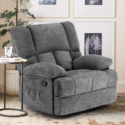 Image of Oversized Rocker Recliner Chair, Wide Manual Recliner with Adjustable Backrest & Footrest, Comfortable Rocking Reclining Sofa for Living Room & Bedroom, Gray